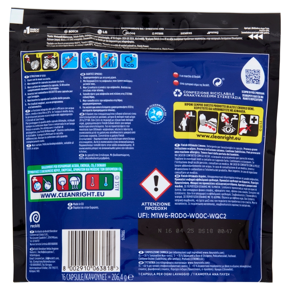 Finish Ultimate All In One Lemon pastiglie lavastoviglie 16 lavaggi 206,4 g